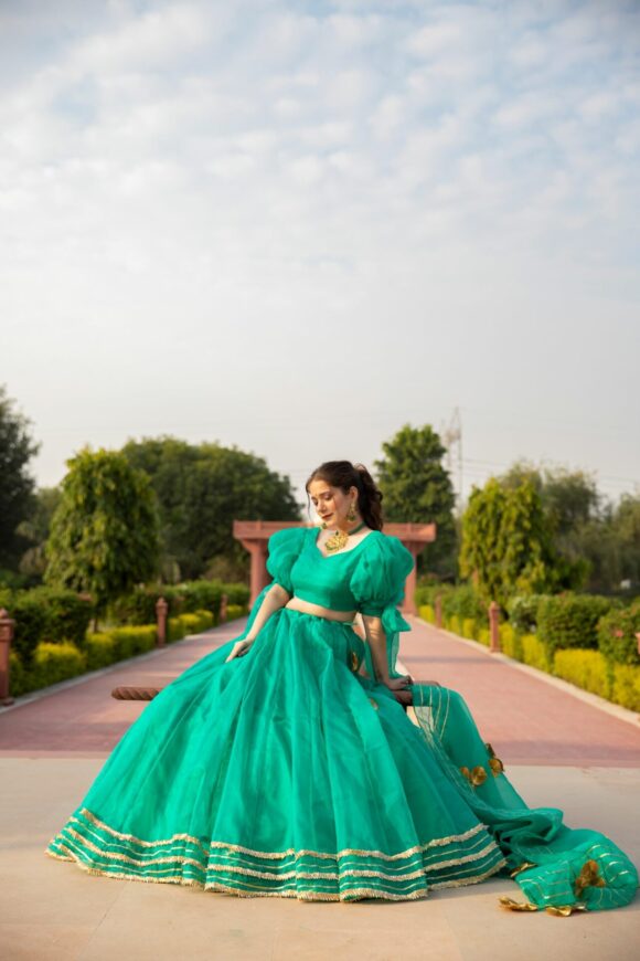 SHALE GREEN ORGANZA LEHENGA - Image 2