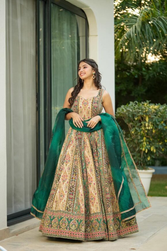 Triveni green heavy embroidered maxi - Image 3